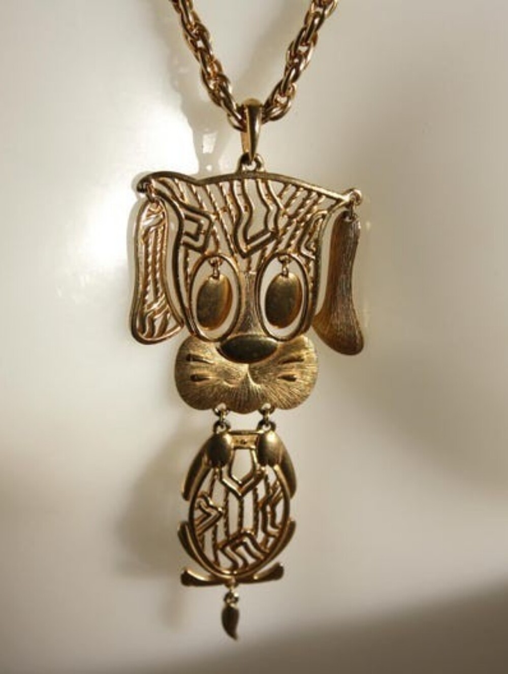 Vintage Gold Tone Dog Necklace, 70s 80s Articulated Puppy Pendant Signed Alan